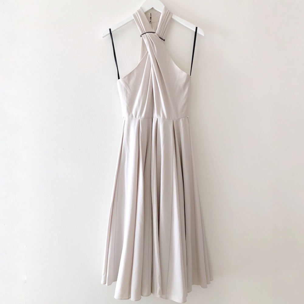 Halston Heritage Cross-Neck Crepe Dress w/hardware